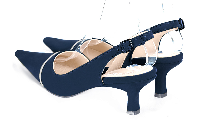 Navy blue and light silver women's slingback shoes. Pointed toe. Medium spool heels. Rear view - Florence KOOIJMAN